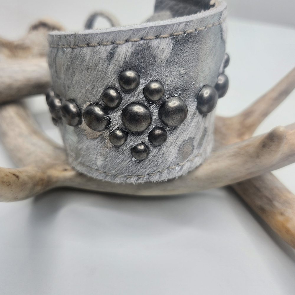 NWOT Holy Cow Couture Grey/Silver Studded CowHide Cuff braclet Handmade OOAK